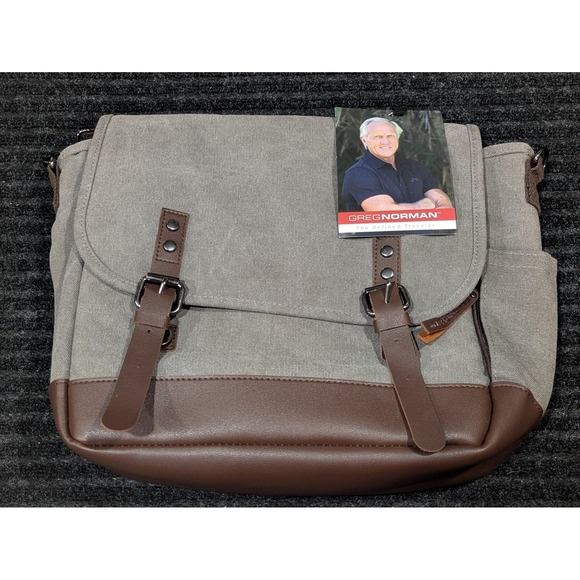 Greg Norman Canvas Messenger Laptop Bag Gray Brown Travel Shoulder Padded New - Picture 1 of 7